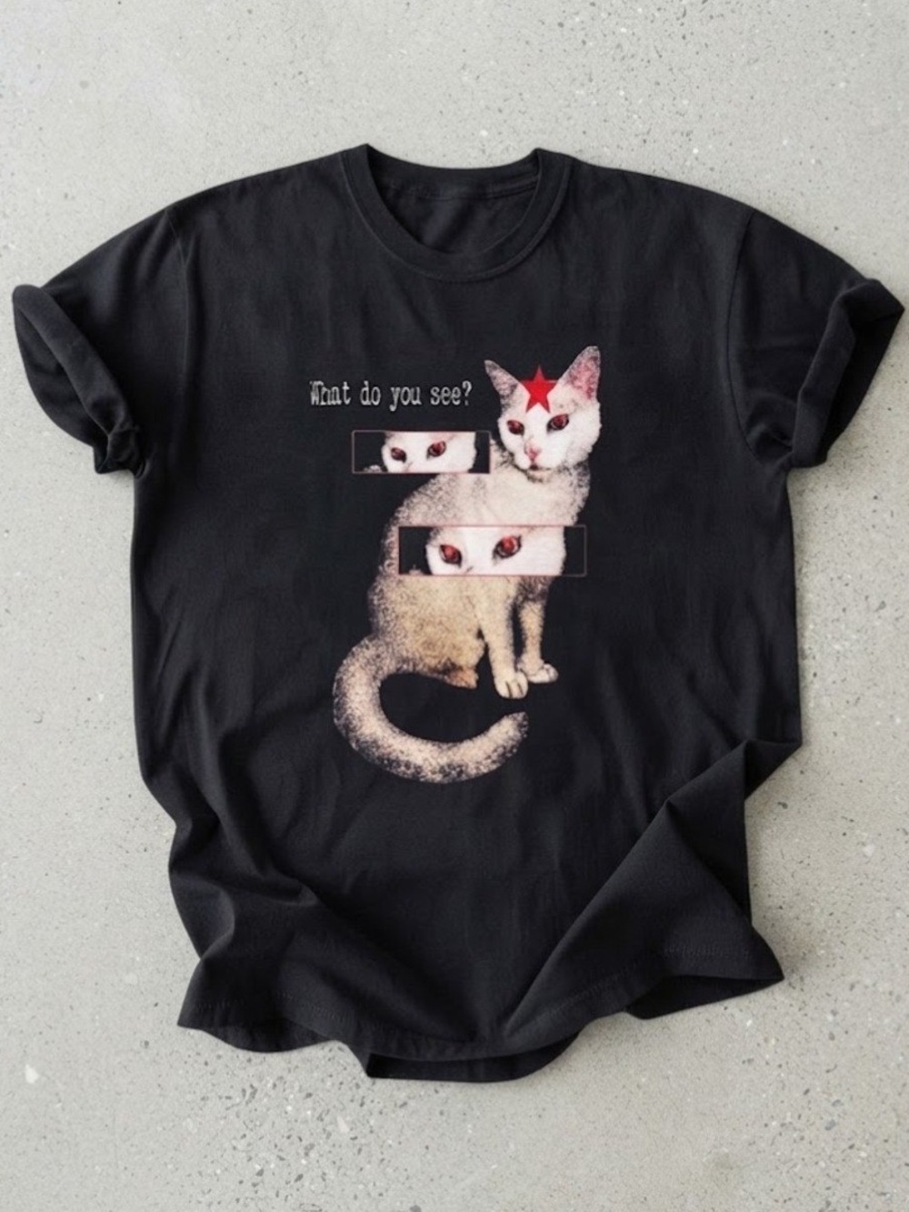 Gildan Black Tee with White Cat Illustration and Red Star